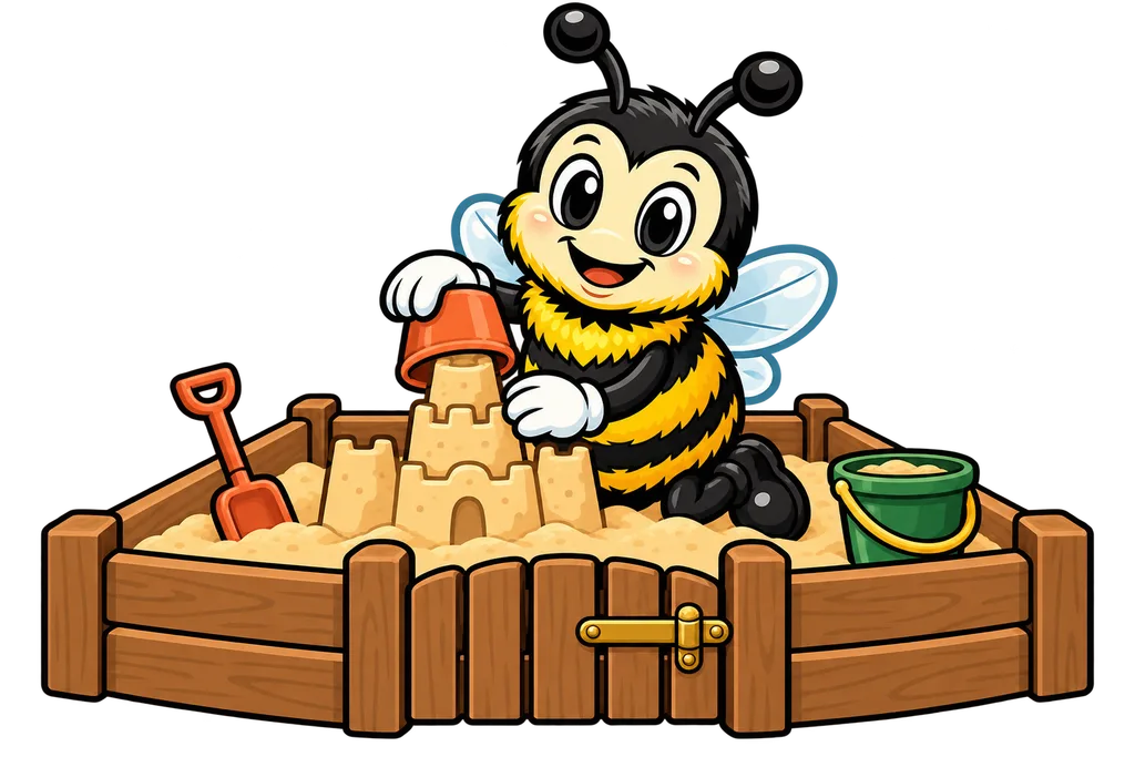 Buzz builds a sandcastle inside a fenced wooden sandbox with a latched gate