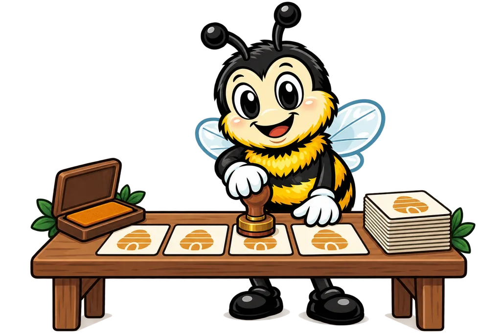 Buzz stamps the same amber pattern onto a row of cards with a wooden stamp