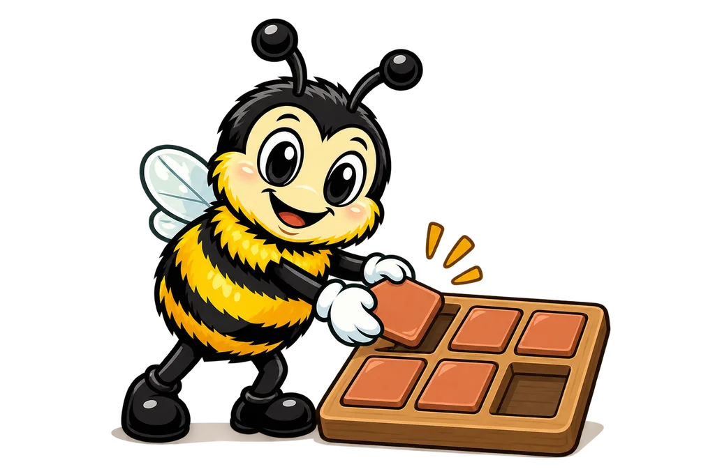 Buzz slides a tile into the only empty slot of a wooden template frame
