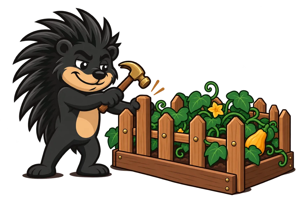 Pixl finishes a small picket fence that keeps a sprawling vine inside a garden bed