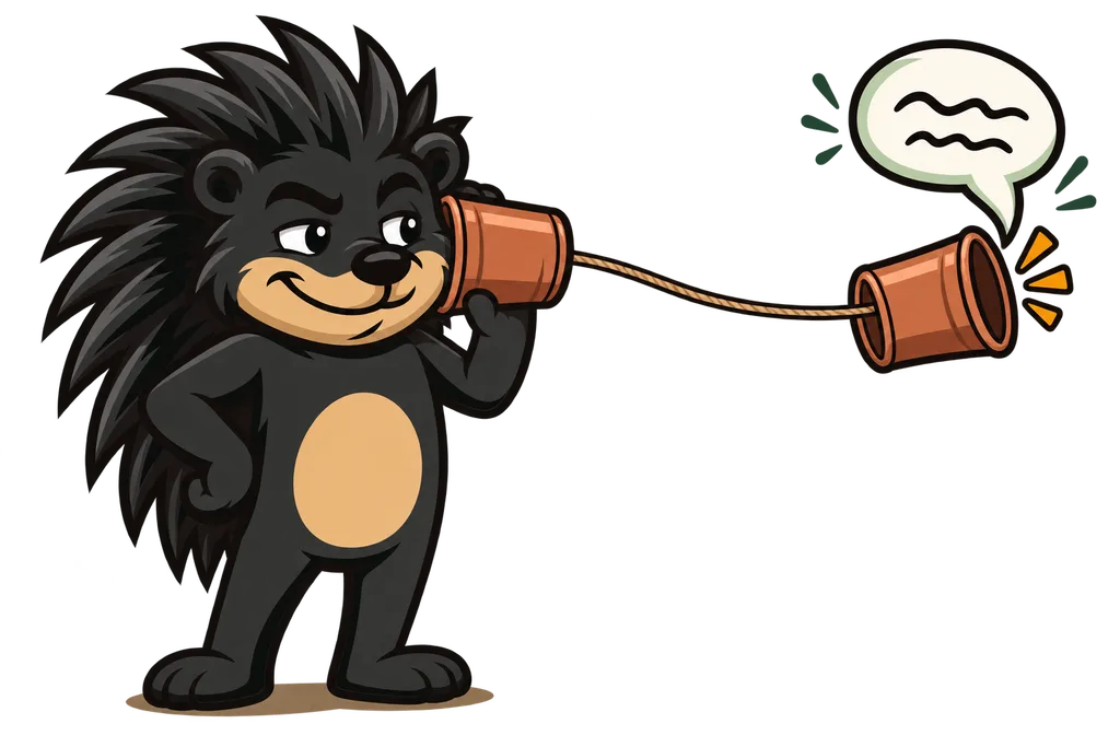 Pixl talks into a tin can telephone while a paper speech bubble pops out of the other can