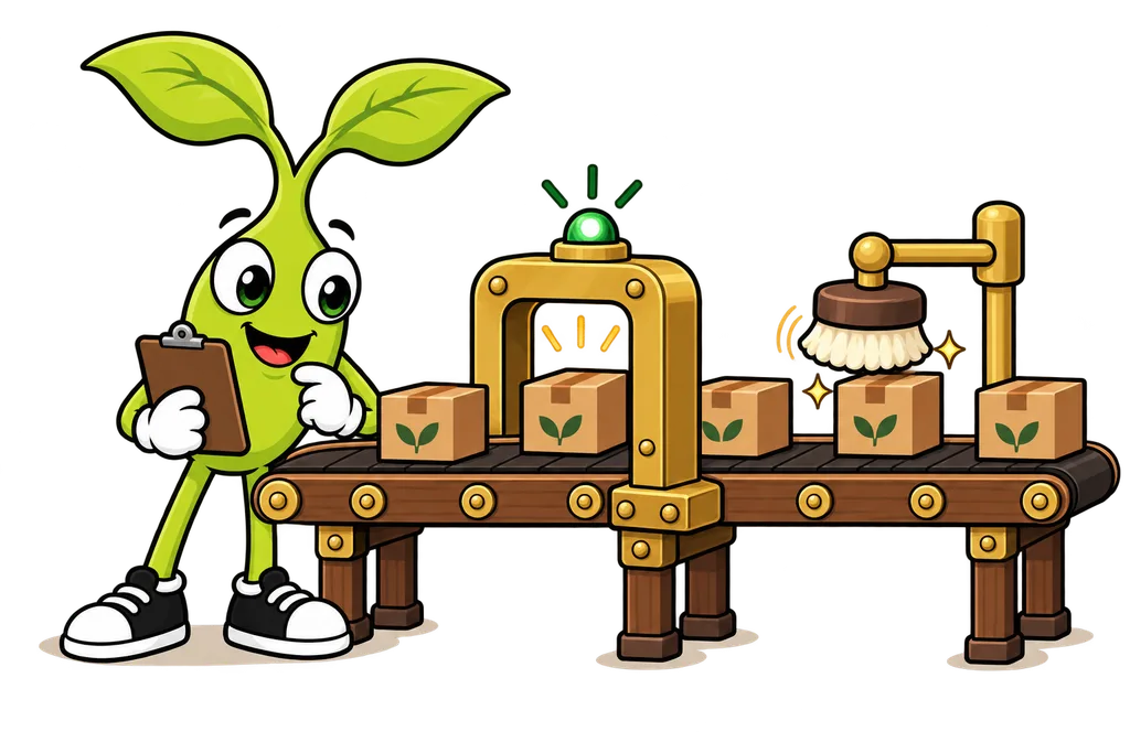 Sprout watches a conveyor where a brass gate checks boxes and a brush polishes them after