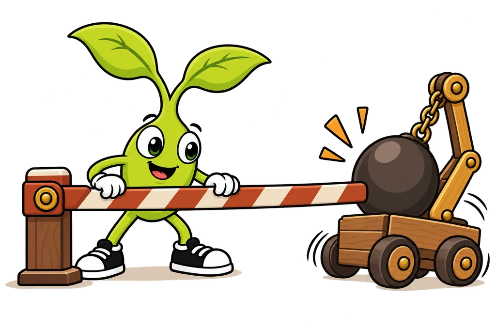 Sprout lowers a striped barrier that stops a toy wrecking ball cart