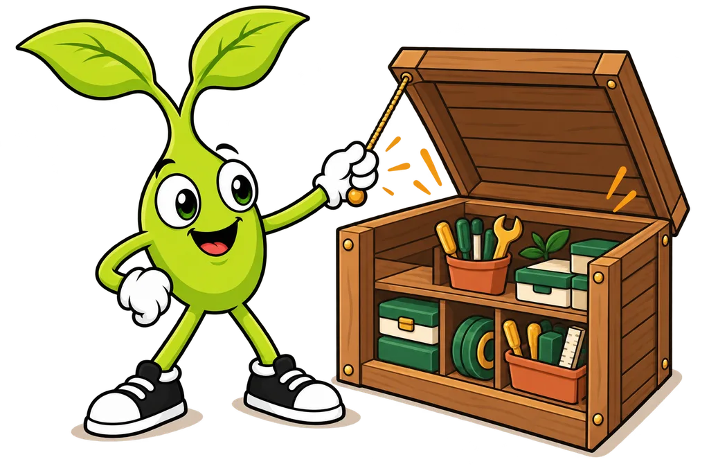 Sprout pulls one cord on a wooden crate that pops open to reveal a neatly packed toolkit