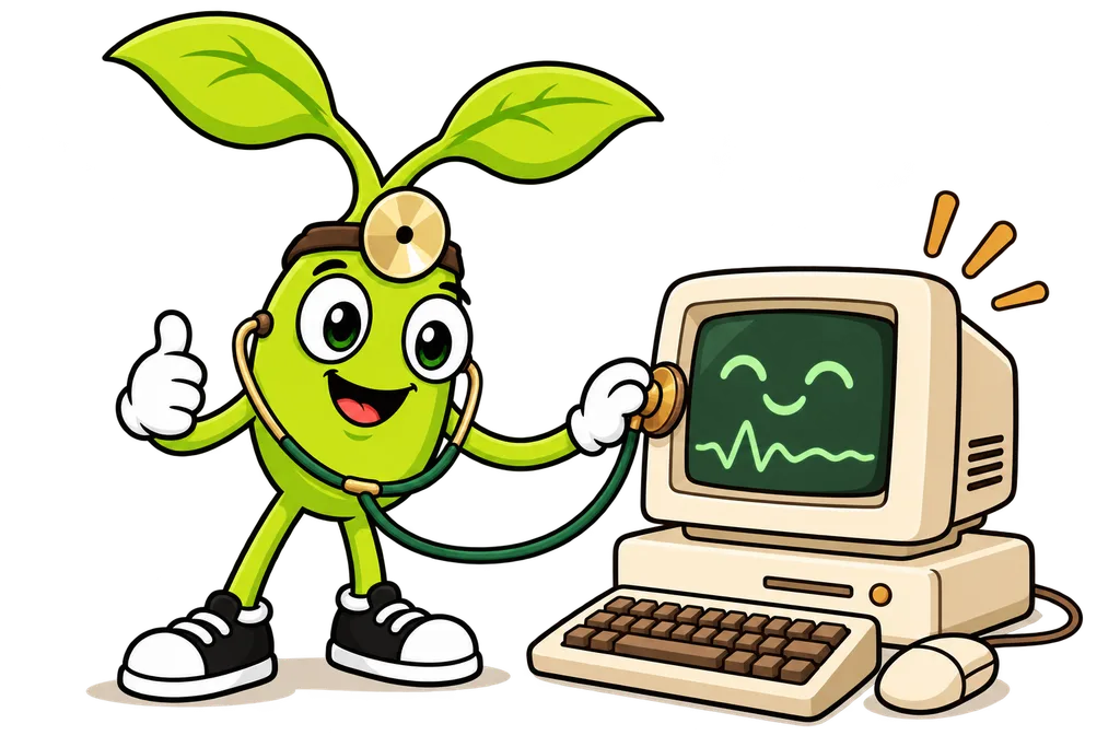 Sprout listens to a retro computer with a brass stethoscope and gives a thumbs up