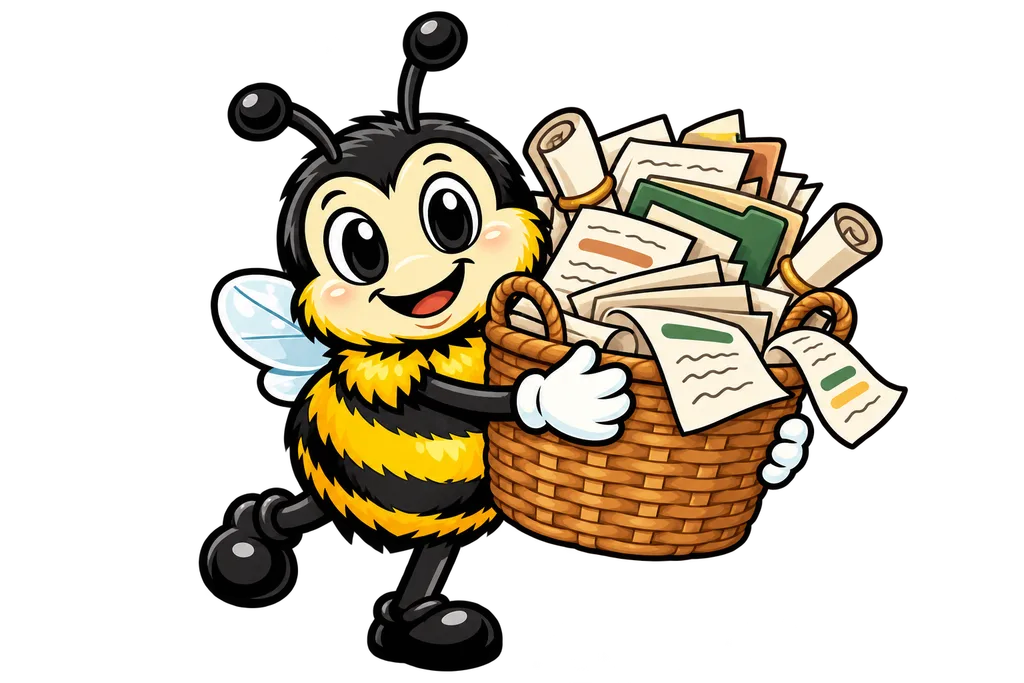 Buzz holds an overflowing wicker basket of papers and scrolls with pages spilling out