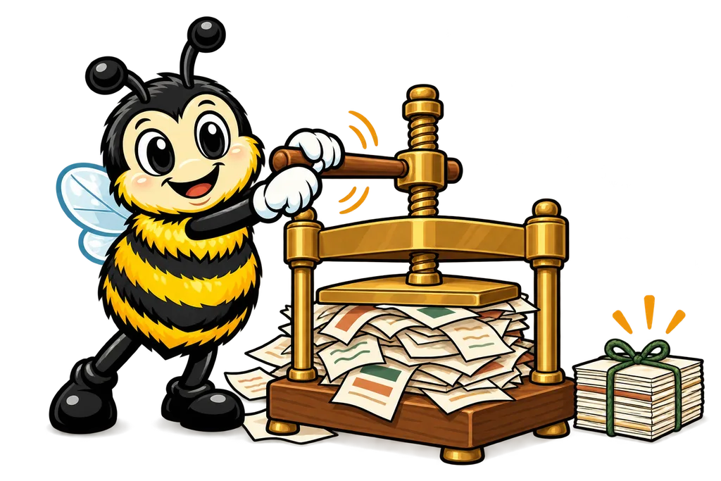 Buzz turns a press that squeezes a messy heap of papers into a neat tied bundle
