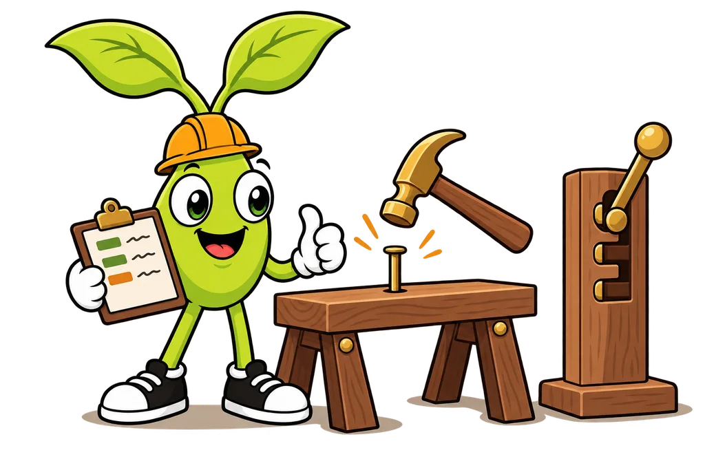 Sprout in a hard hat approves a hammer stroke on a plank, beside a three notch brass lever