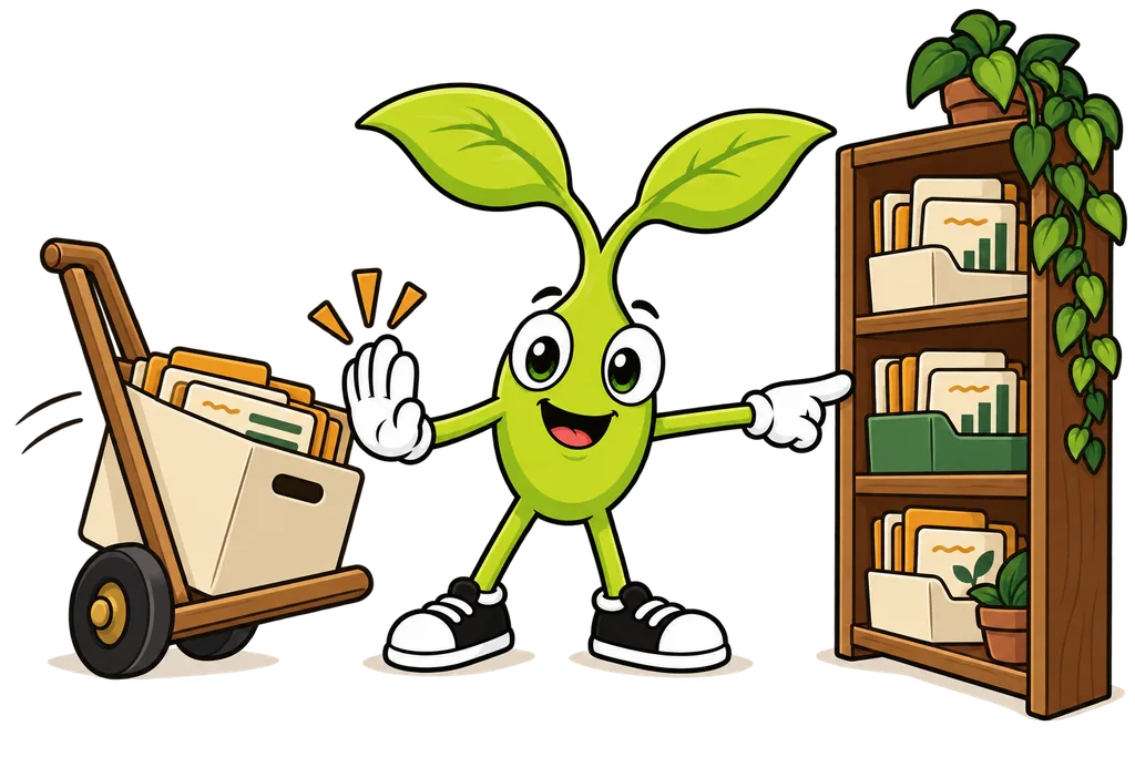 Sprout politely stops a hand truck carrying a file box and points it to another shelf
