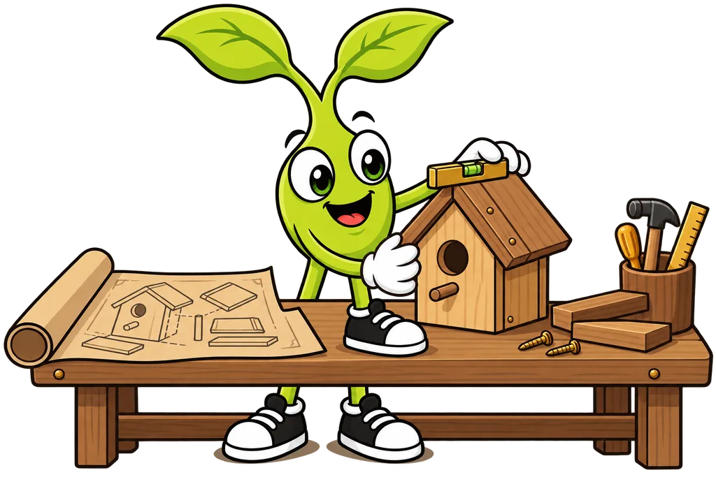 Sprout checks a finished wooden birdhouse with a spirit level beside its blueprint
