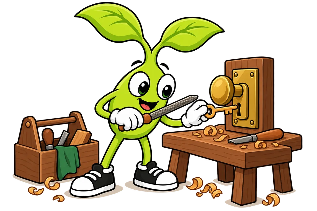 Sprout tests a newly carved wooden key in a brass lock