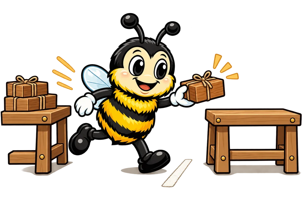 Buzz hands off a twine tied box like a relay baton toward a second workbench