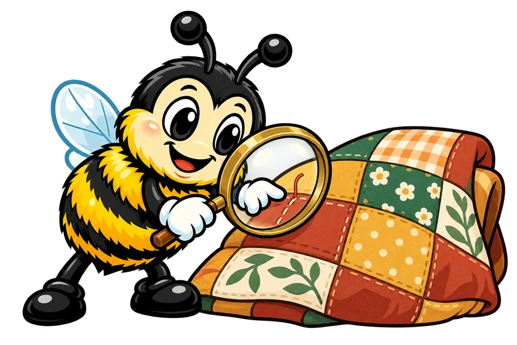 Buzz uses a magnifying glass to point out a loose stitch in a quilt patch