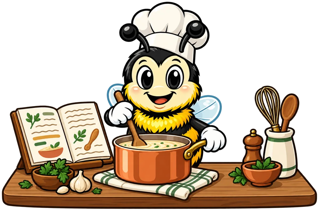 Buzz in a chef's hat stirs a copper saucepan beside an open recipe book and a whisk