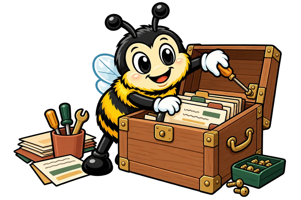 Buzz leans into an open wooden chest, rearranging paper files and tightening a brass screw