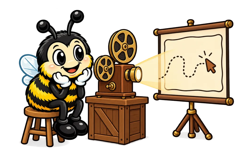Buzz watches a film projector show a dotted cursor path on a screen