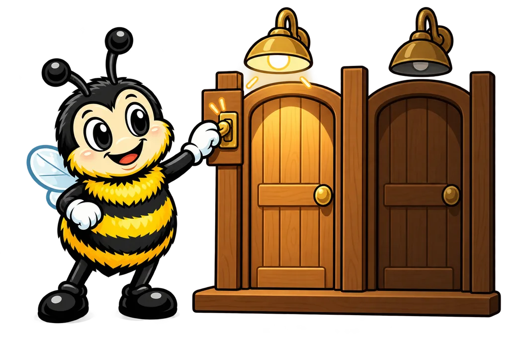 Buzz flips a brass switch that lights a lamp over one of two doors