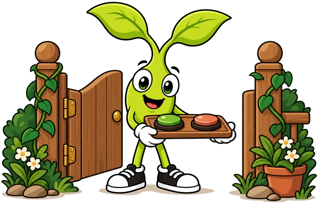 Sprout offers a tray with a green button and a terracotta button at a garden gate