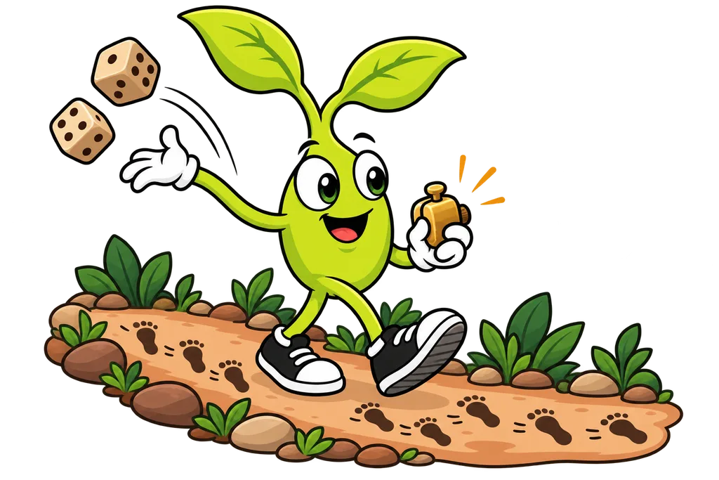 Sprout tosses away dice and clicks a brass tally counter as footprints pass along a path