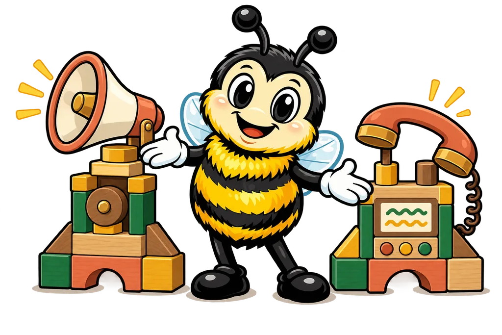 Buzz shows two toy machines built from the same blocks, one with a megaphone and one with a phone