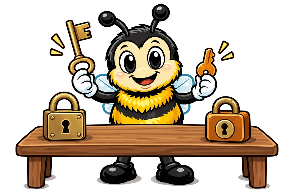 Buzz compares a long brass key and a stubby amber key, each next to its own lock