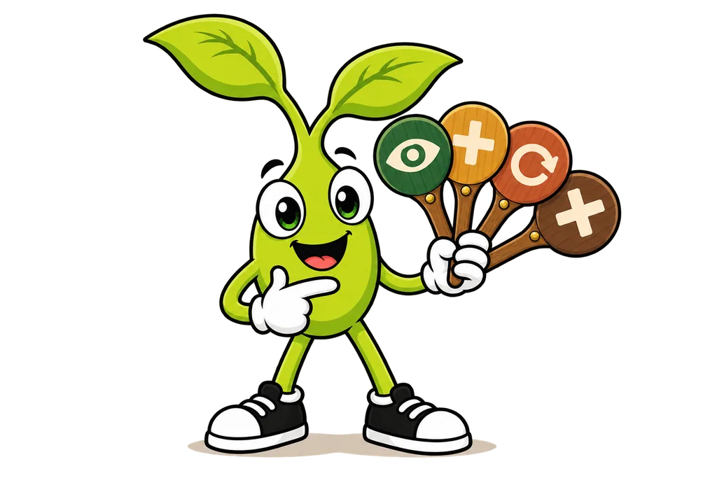 Sprout holds up four coloured paddles showing an eye, a plus, a looping arrow and a cross