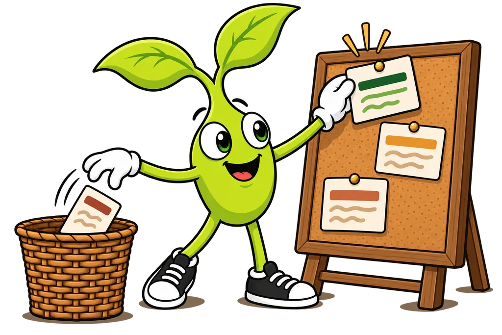 Sprout swaps a card on a cork board while another card drops into a wicker bin