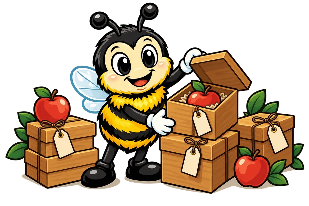 Buzz opens one of several tagged wooden boxes to show an apple inside