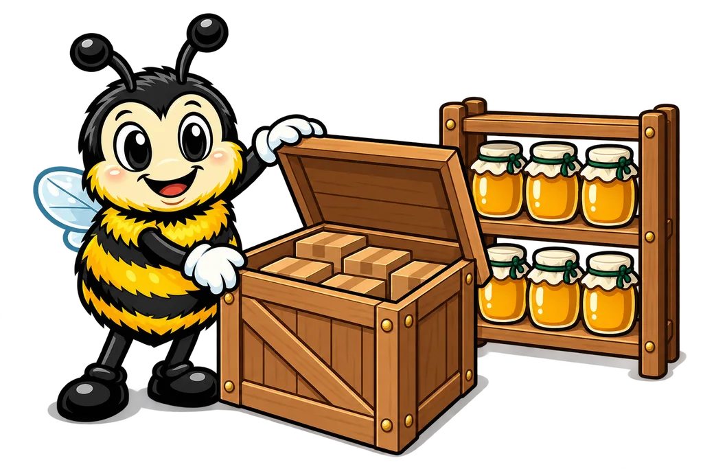 Buzz opens a crate of nested boxes beside a shelf with a row of matching jars