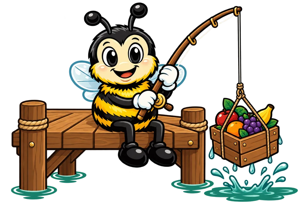 Buzz sits on a dock reeling a crate of fruit out of the water with a fishing rod