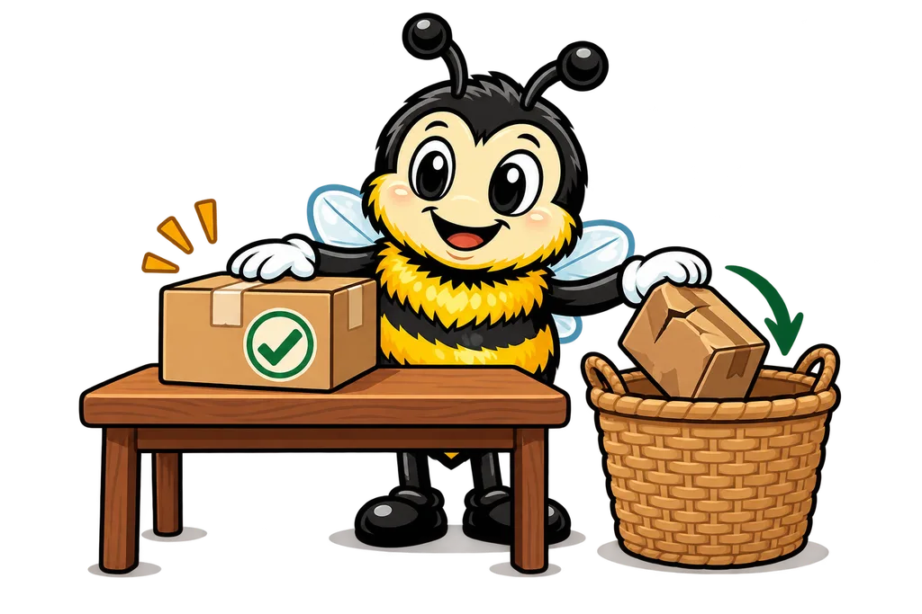 Buzz sorts a parcel with a green tick from a dented parcel placed in a basket