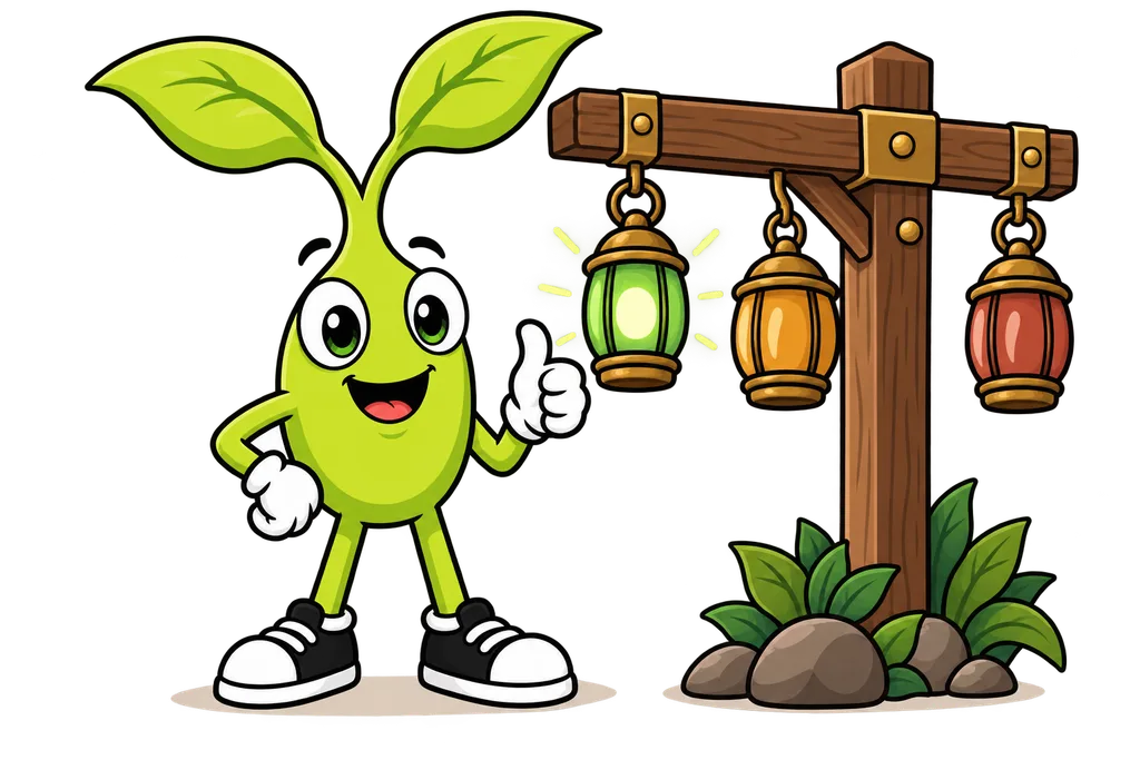 Sprout gives a thumbs up beside a wooden post with green, amber and terracotta lanterns