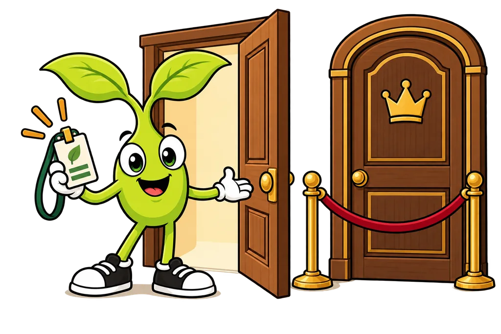 Sprout holds an ID badge past one door while a velvet rope blocks a second door with a crown