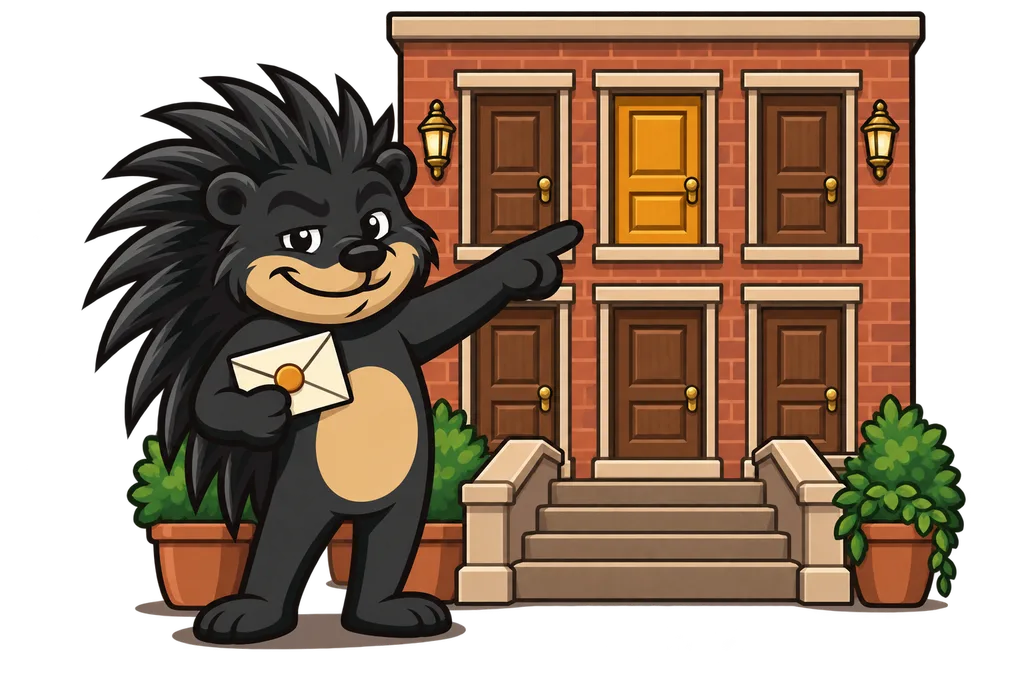 Pixl holds an envelope and points to one amber door in a brick building full of doors