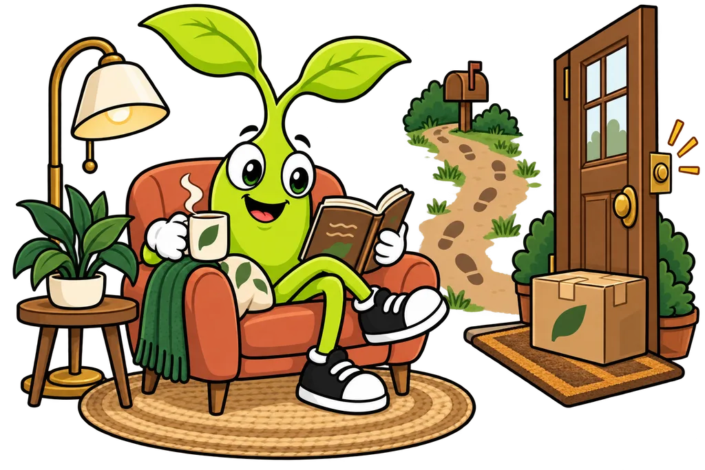 Sprout relaxes in an armchair as a doorbell rings and a parcel arrives on the doorstep