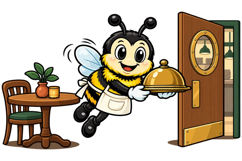Buzz in a waiter's apron carries a covered brass tray between a table and a kitchen door