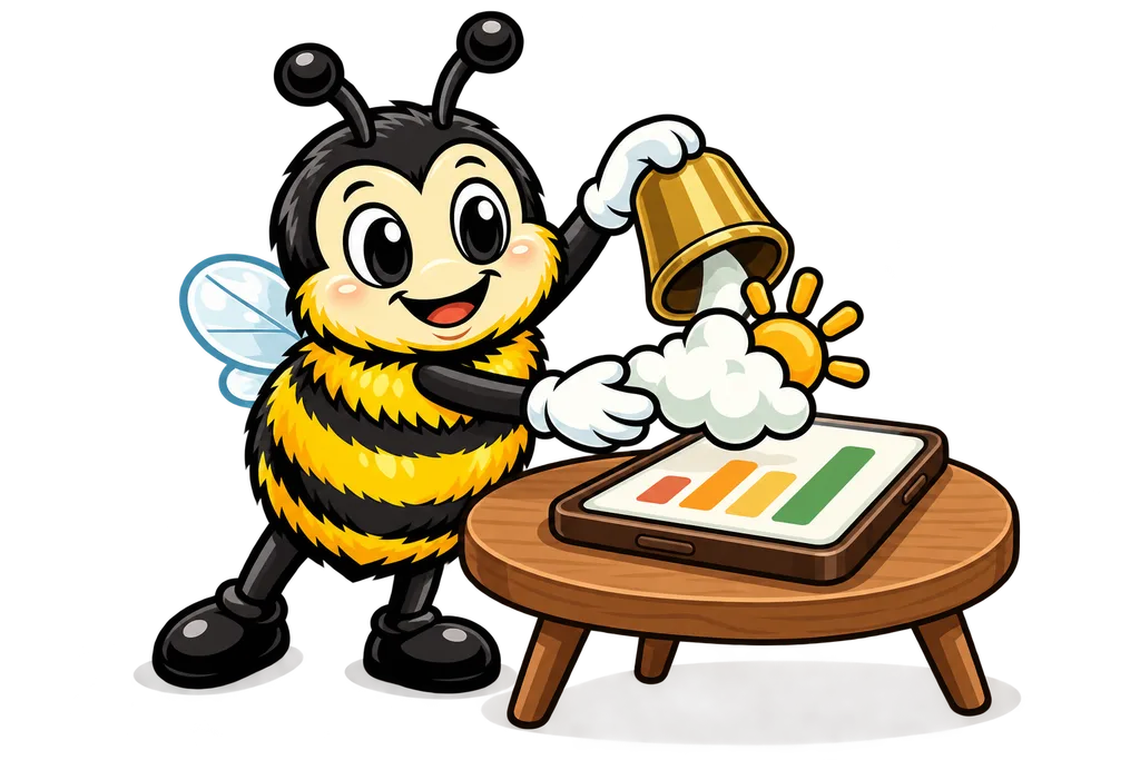 Buzz pulls a tiny cloud and sun from a brass tube onto a phone on a table