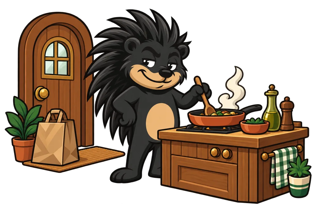 Pixl cooks at its own wooden stove while a takeout bag sits ignored by the door