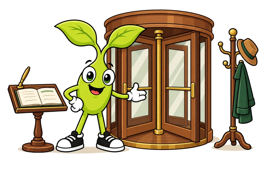 Sprout stands by a wooden revolving door with an open guest book and a coat rack