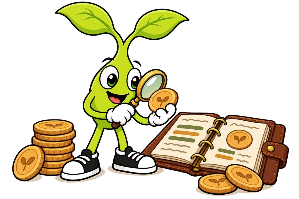 Sprout checks a cookie shaped token with a magnifying glass against an open ledger