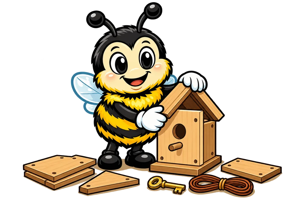 Buzz finishes building a wooden birdhouse kit next to a brass key and coiled cord