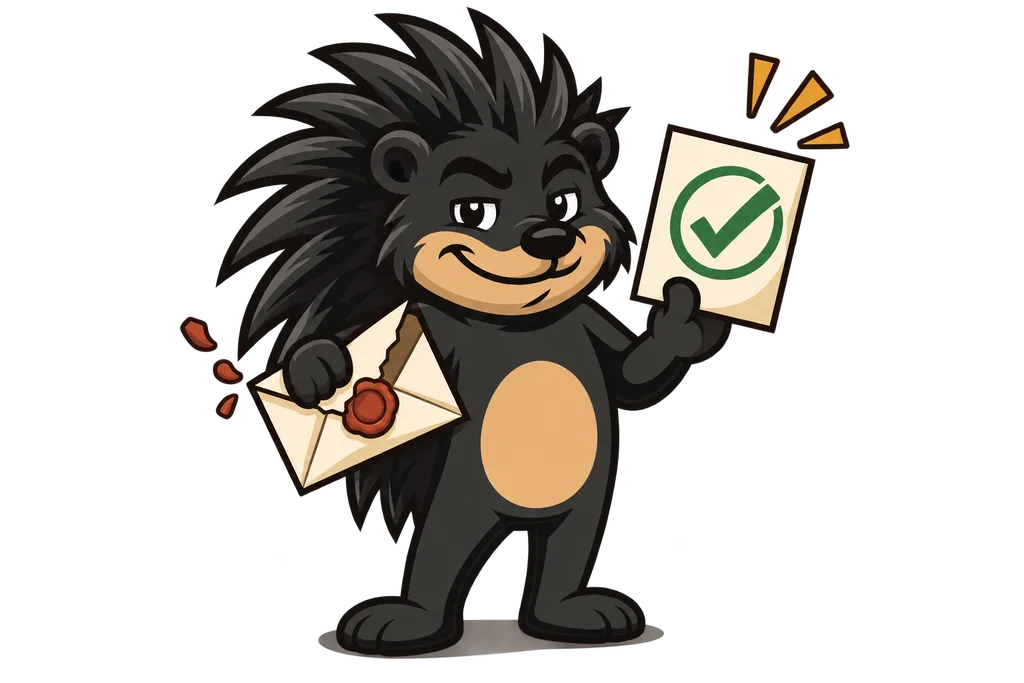 Pixl opens a sealed envelope and holds up a card stamped with a green check mark