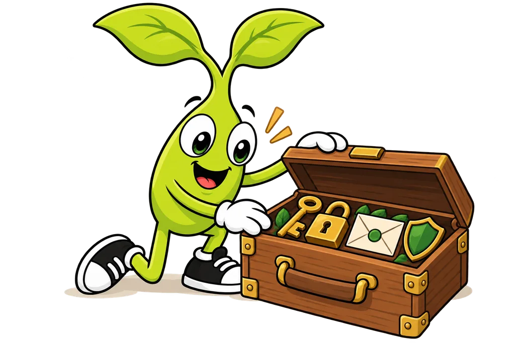 Sprout opens a wooden toolbox packed with a key, padlock, envelope and small shield
