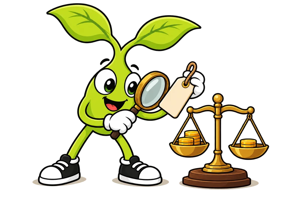 Sprout examines a blank price tag with a magnifying glass beside a brass scale of coins