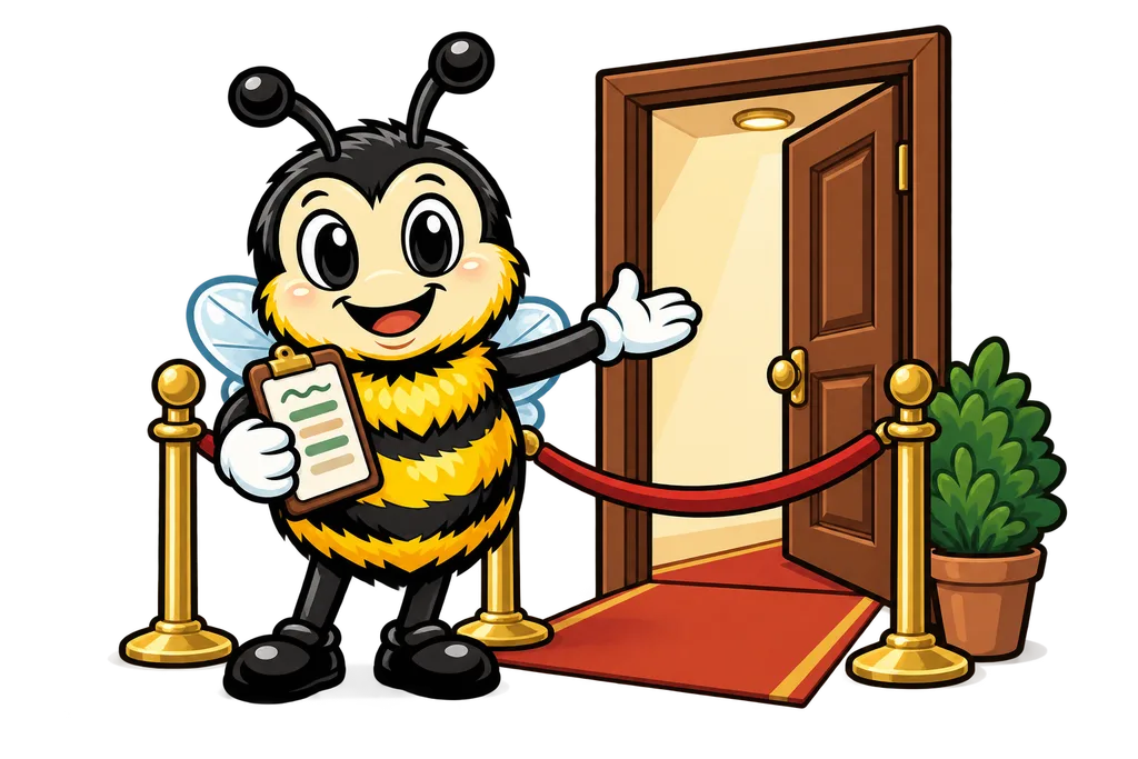 Buzz with a clipboard stands at a velvet rope and points toward a side door