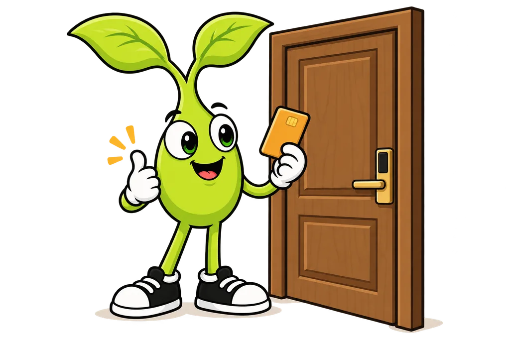 Sprout stands by a closed wooden door holding up an amber key card and giving a thumbs up