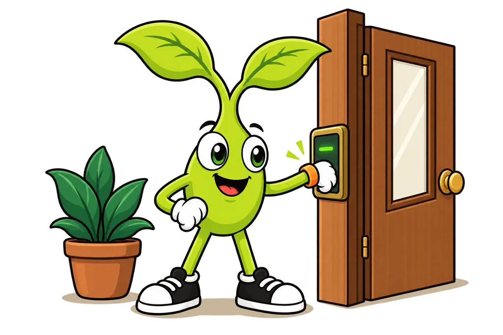 Sprout holds an amber wristband up to a brass reader beside a doorway that glows green