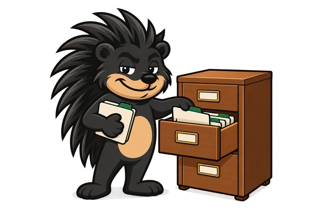 Pixl slides folders into an open drawer of a wooden filing cabinet