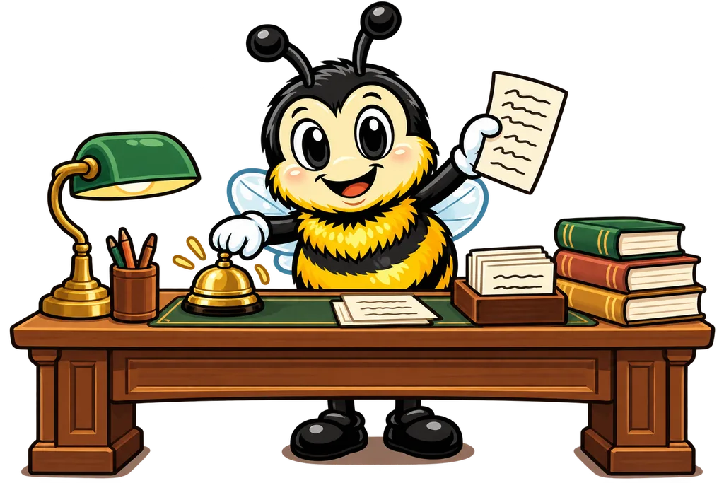 Buzz rings a brass bell at a library desk holding a squiggly request slip