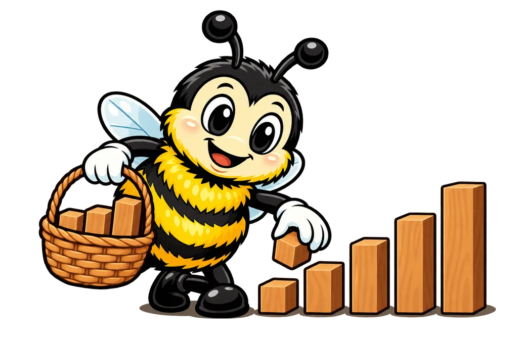 Buzz arranges wooden blocks by height and puts the first three into a basket